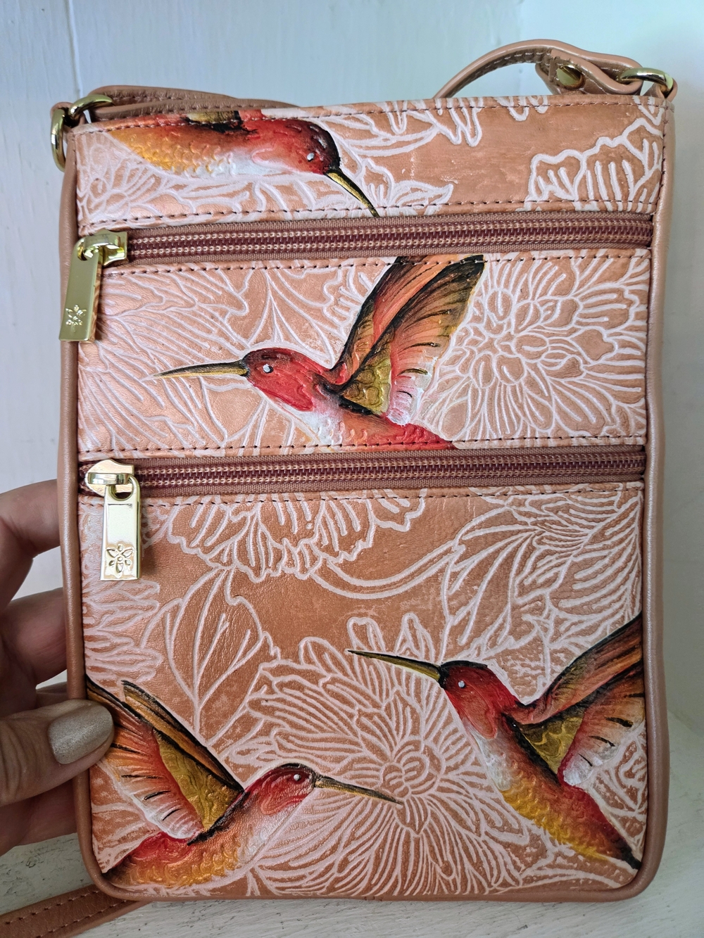 Anuschka Peach Hummingbird Leather Crossbody Bag
